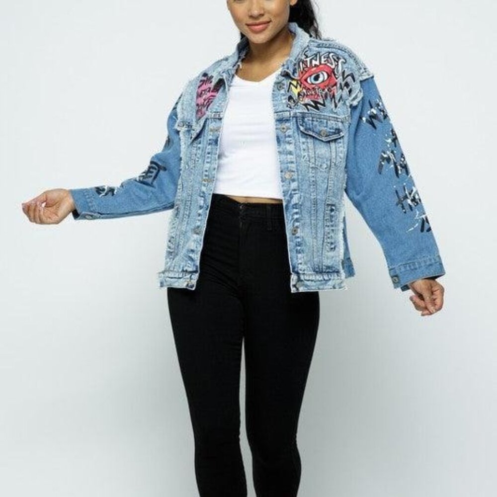 Distressed Graffitti Patchwork Denim Jacket - image 4